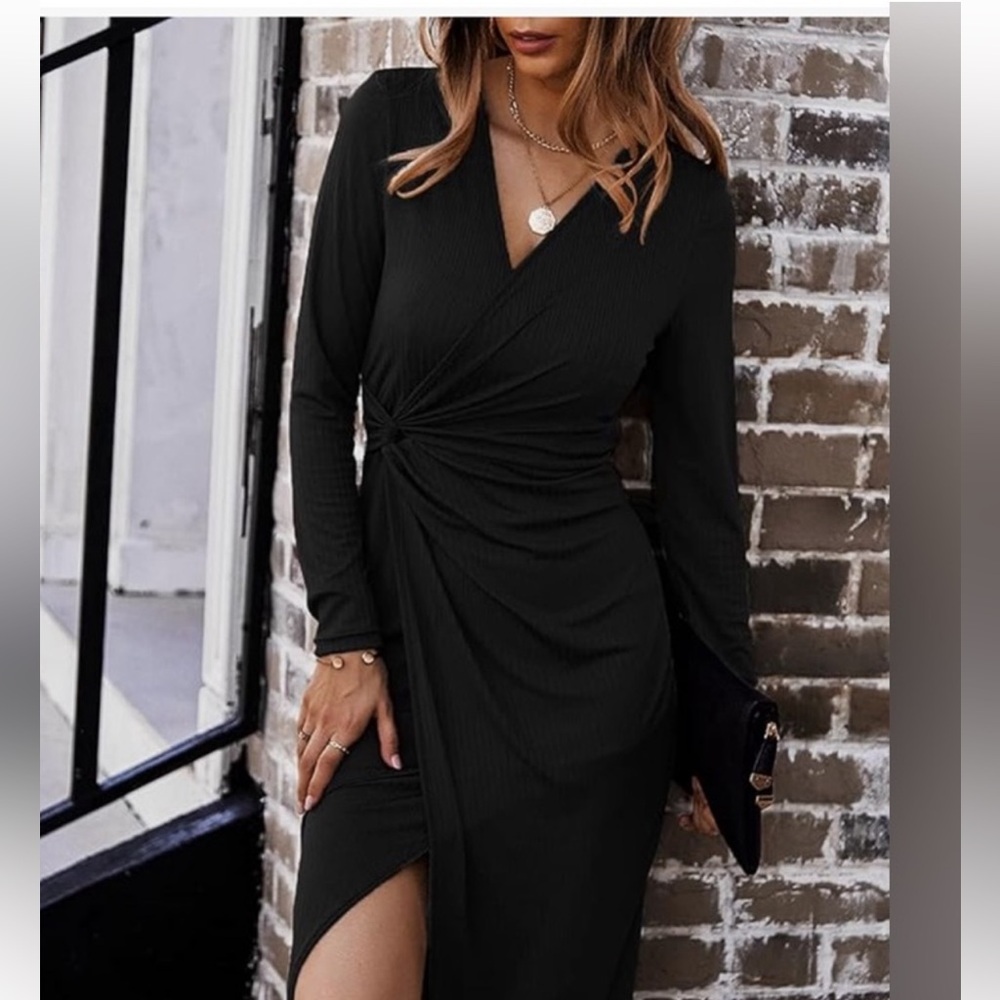 SHIBEVER sz Small LS V-Neck Dress Twist Waist Ribbed Knit W/ Slit GUC B1015